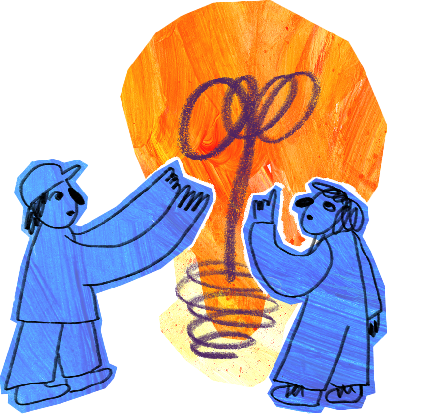 Hand-drawn image of two people around a big bulb